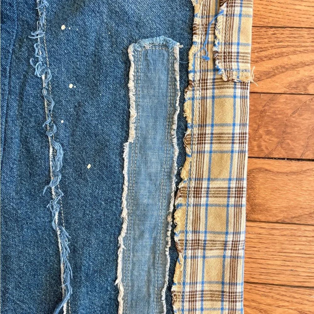 Free People Blue Distressed Patchwork Jeans with Plaid Accents - Picture 6 of 9